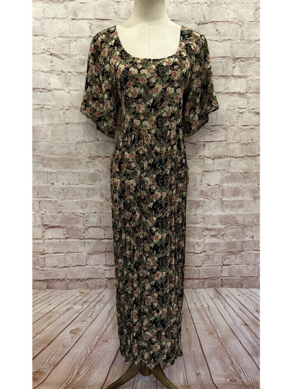 The Limited Vintage Maxi Dress Pleated Sheer One Size Black Pink Floral 90s Y2K